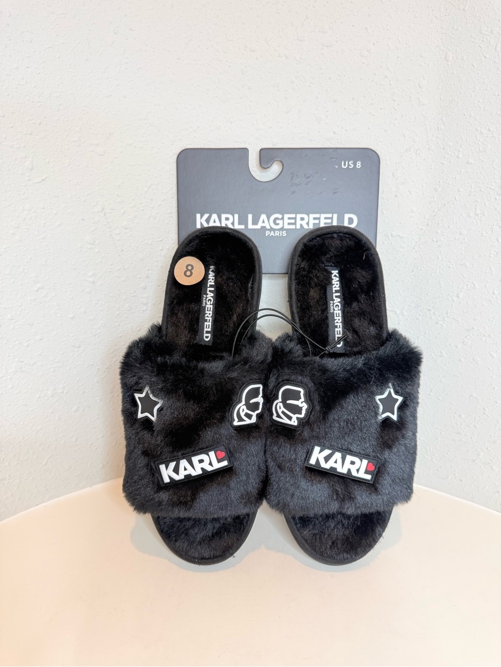 Karl Lagerfeld Paris Jazmine Faux Fur Black Patches Women’s Slippers Sz 8 NWT
